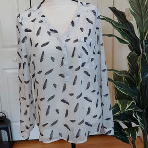 Merona Sheer Blouse with Feather's | Size Medium | Color White | Grey Feathers|